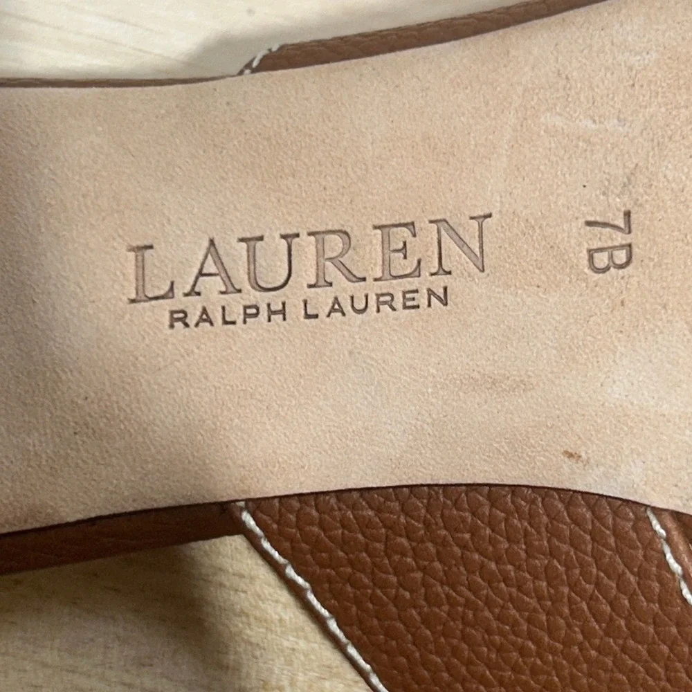 LAUREN Ralph Lauren Women's Brown Leather Slip On Strappy Freddi Sandal- Size 7B
